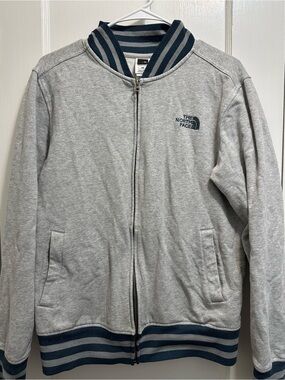 The North Face Light Gray Bomber Jacket with Navy Trim
